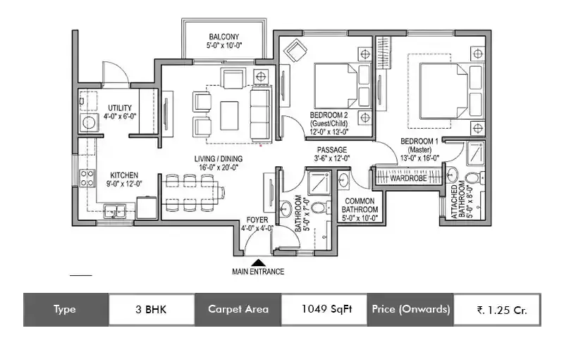 Regency Avana 3 BHK floor plan, 1049 sq ft carpet area