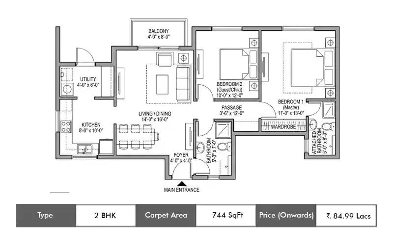 Regency Avana 2 BHK floor plan, 744 sq ft carpet area
